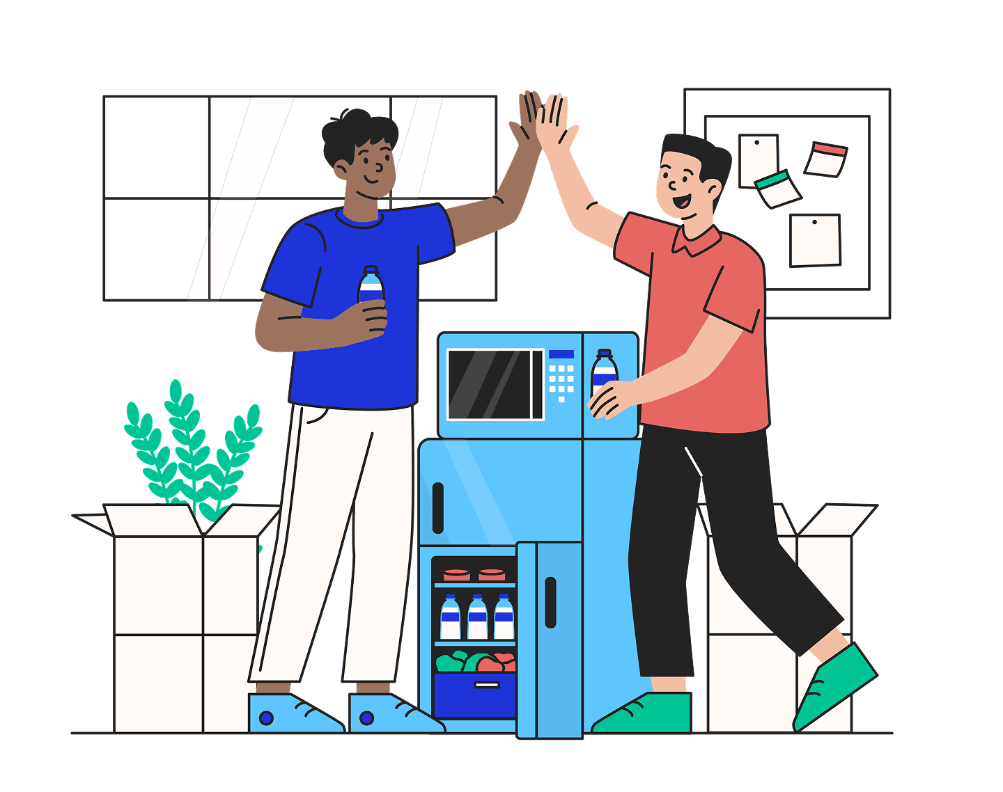 Two students high-fiving over a Fridge-Microwave Combo on move-in day
