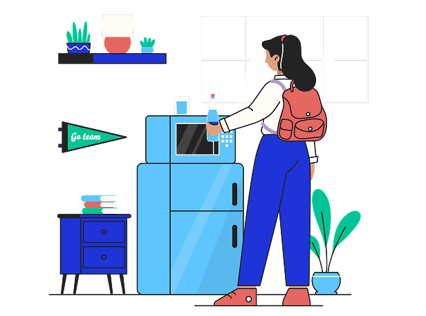 A student taking a drink from her Fridge-Microwave Combo in a dorm room